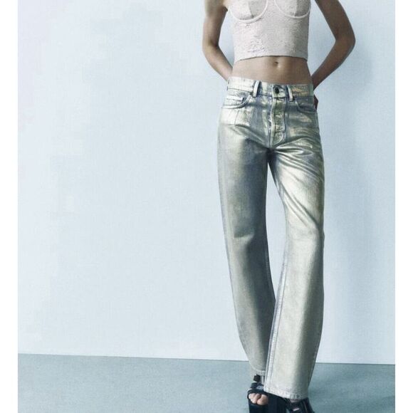 Zara Silver Metallic Mid Rise Wide Leg Jeans Women’s Size O - Picture 1 of 13